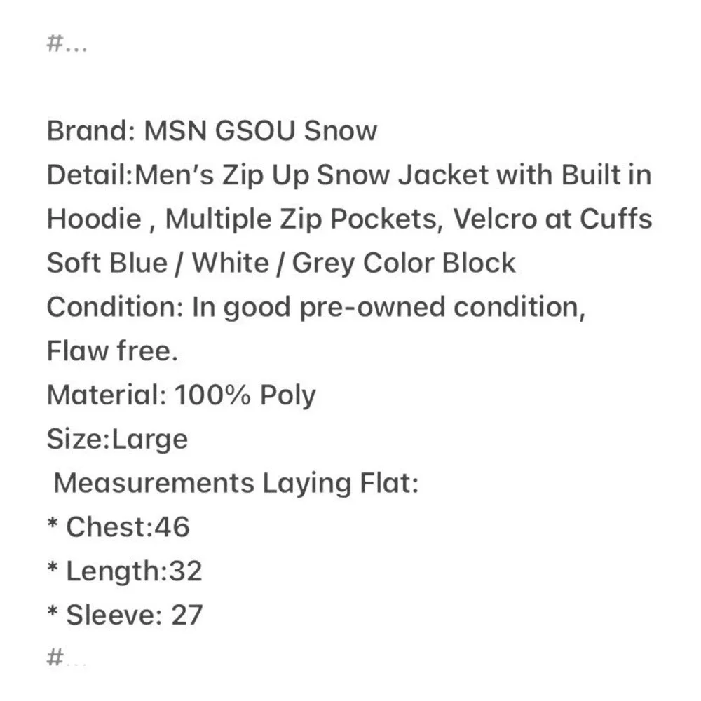 GSOU Snow Mens Blue White Grey Colorblock Hooded Ski Snowboard Jacket Large